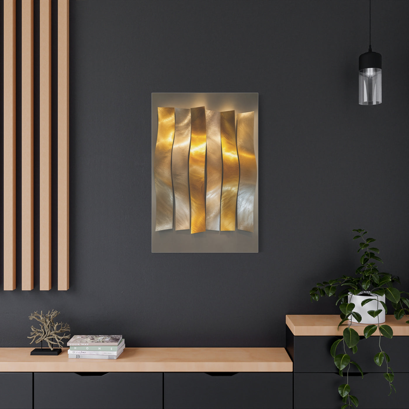 Polished Gold Panel Sculptural Wave Installation Wall Art & Canvas Print