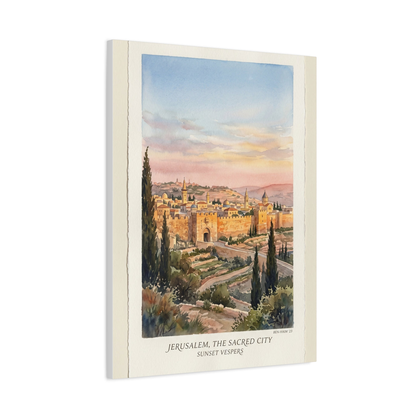 Jerusalem Sunset Watercolor Landscape Wall Art & Canvas Print