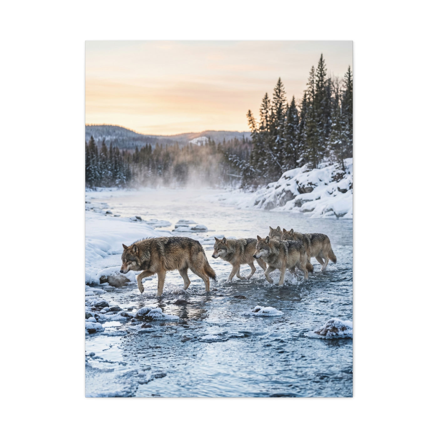 Winter River Wolf Pack Crossing Scene Wall Art & Canvas Print