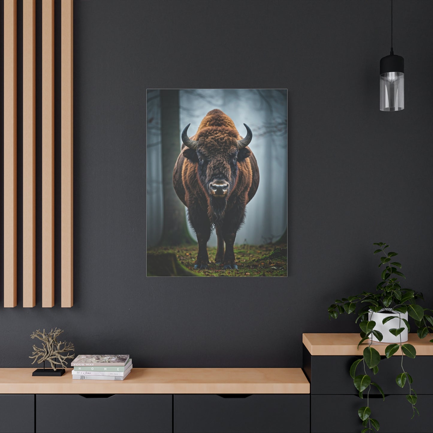 Bison Emerging from Forest Mist Wall Art & Canvas Print