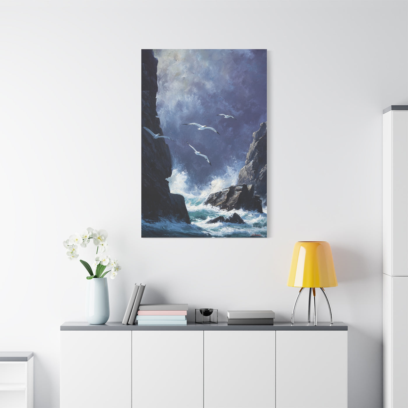 Seagulls Flying Above Crashing Coastal Waves Wall Art & Canvas Print