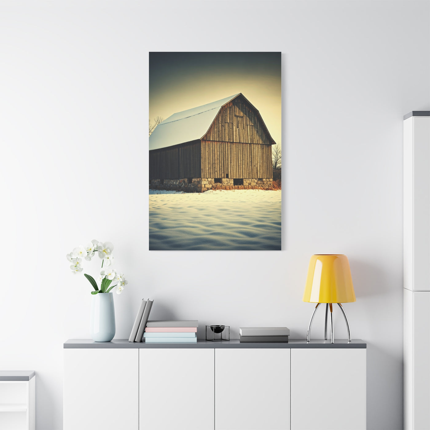 Winter Barn in Snowfield Wall Art & Canvas Prints