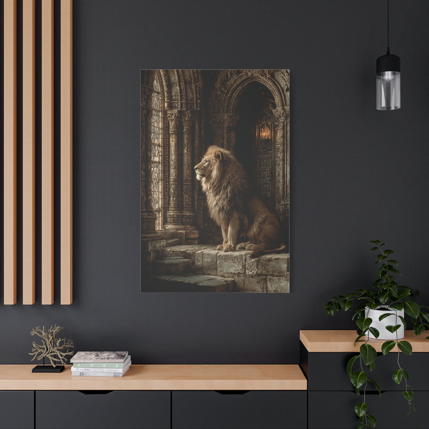 Lion in Ancient Stone Hall Royal Guardian Wall Art & Canvas Print
