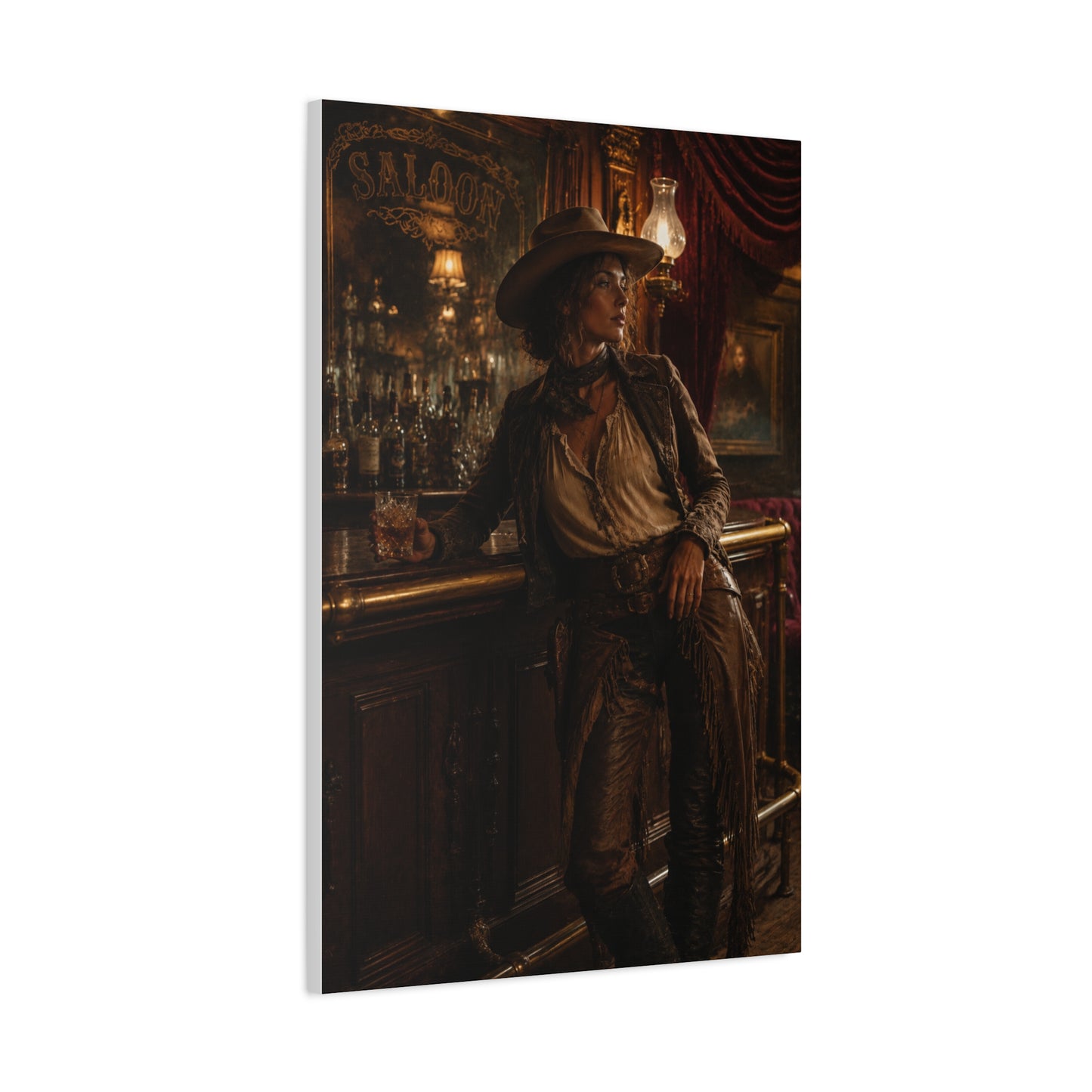 Saloon Cowgirl Cinematic Bar Scene Wall Art & Canvas Print