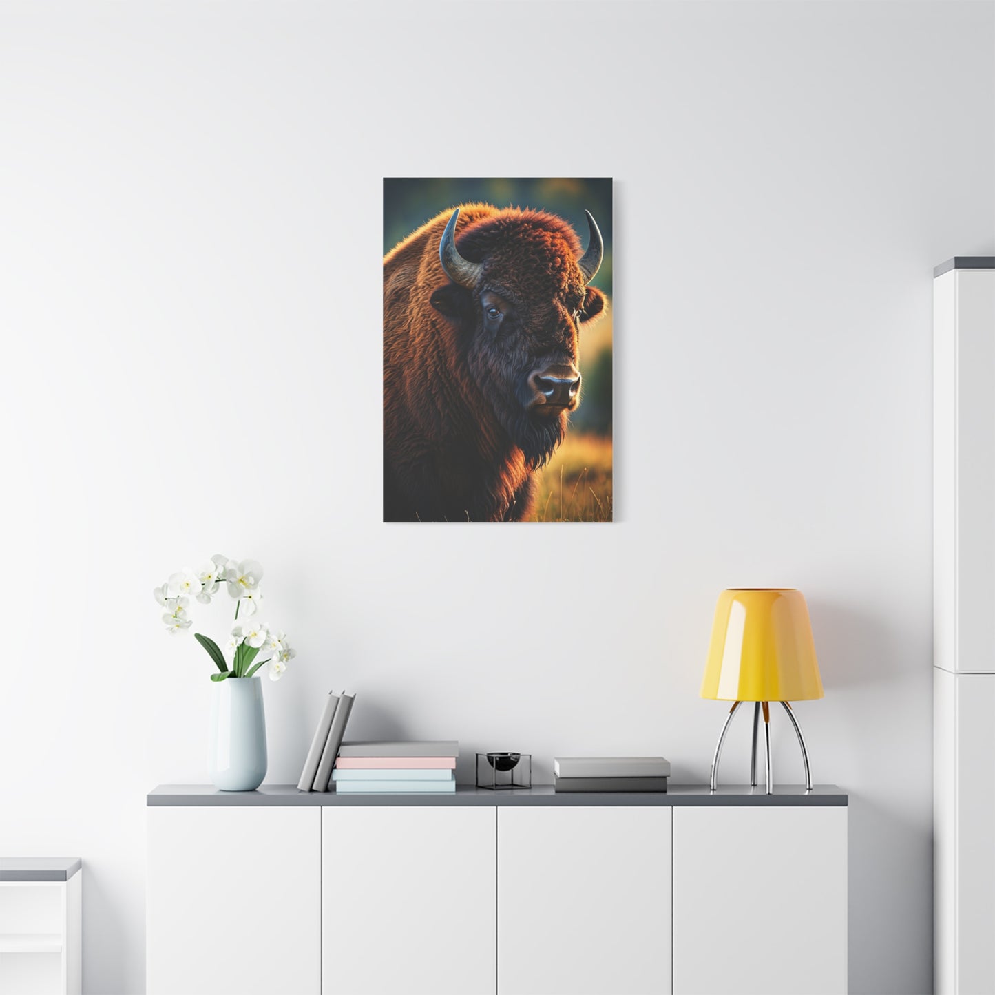 Golden Hour Bison Side Portrait with Warm Prairie Light Wall Art & Canvas Print