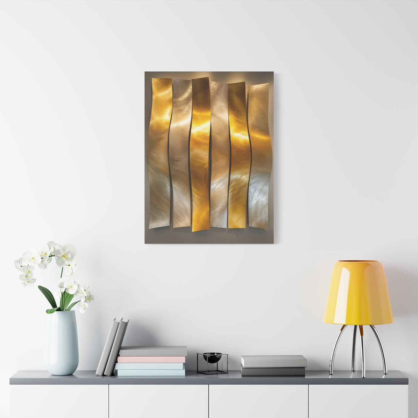 Polished Gold Panel Sculptural Wave Installation Wall Art & Canvas Print