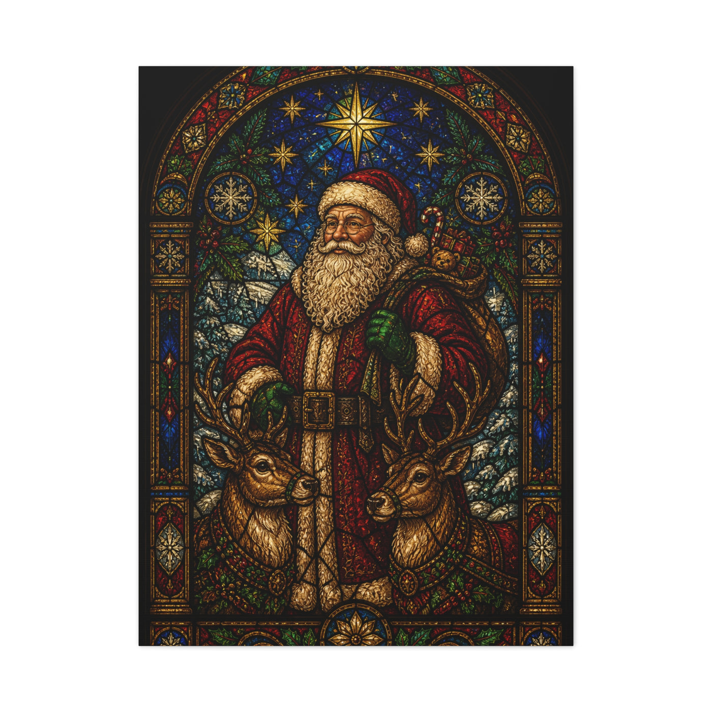 Stained Glass Santa and Reindeer Wall Art & Canvas Print