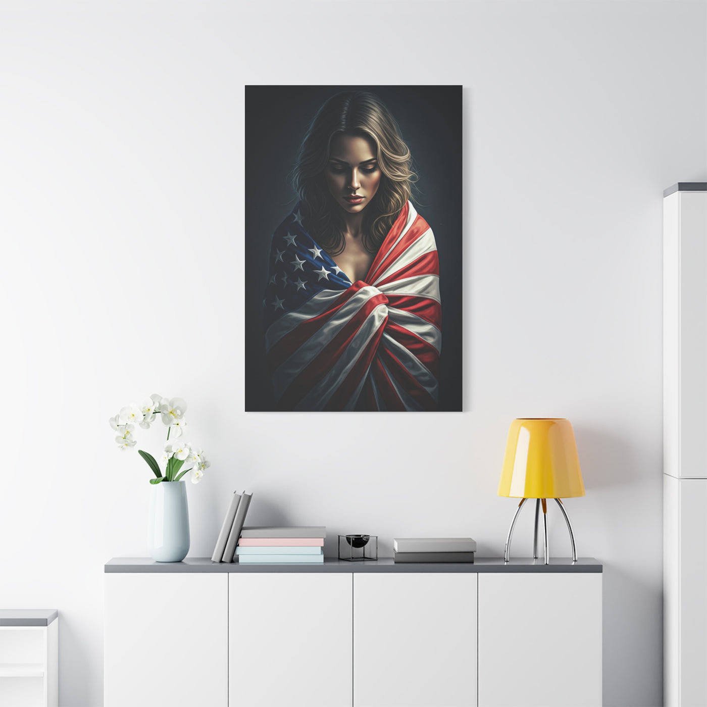 Woman Draped in American Flag Reflection Wall Art & Canvas Prints