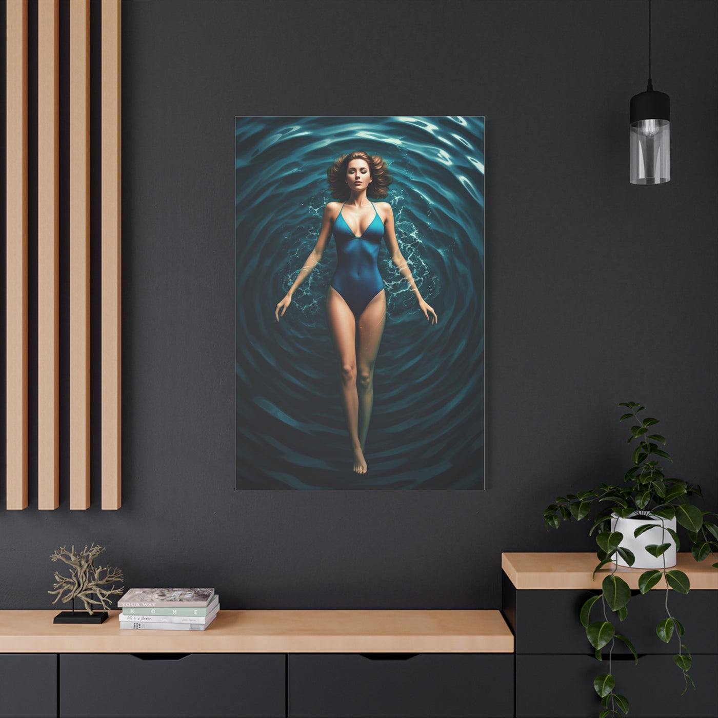 Woman Floating in Circular Blue Water Wall Art & Canvas Prints