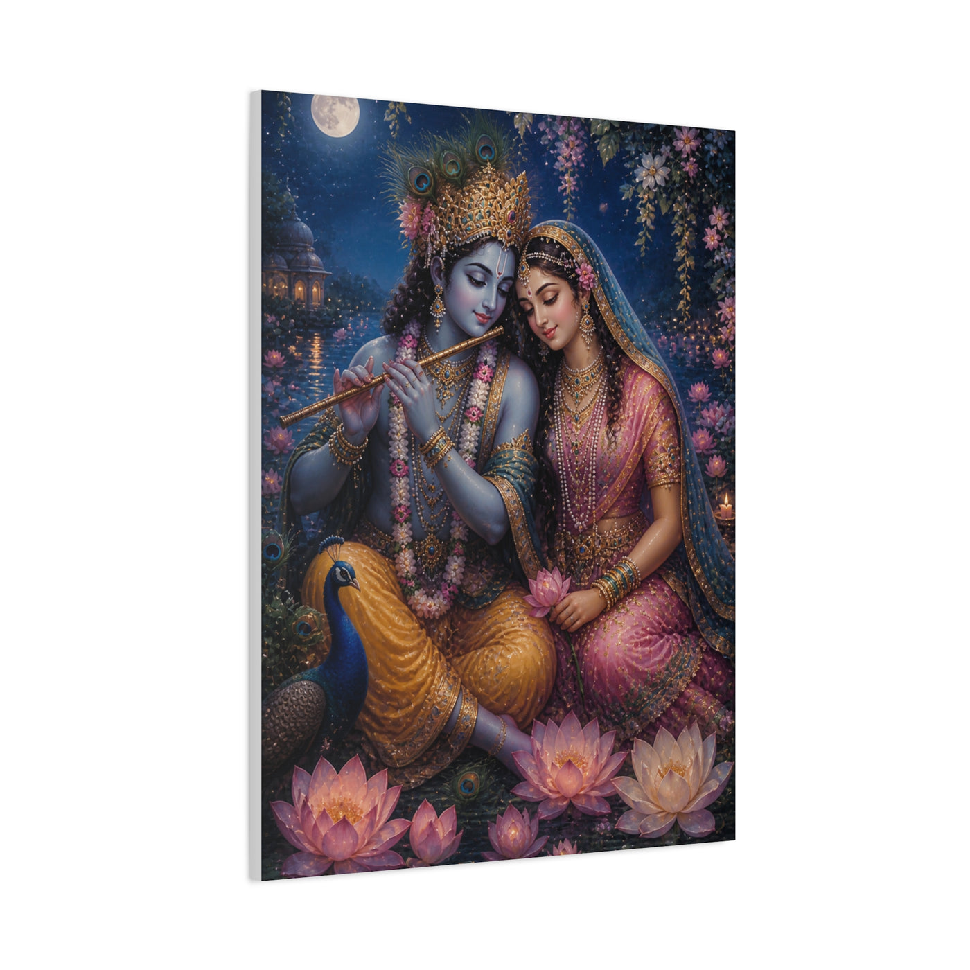 Radha and Krishna Moonlit Lotus Garden Wall Art & Canvas Print