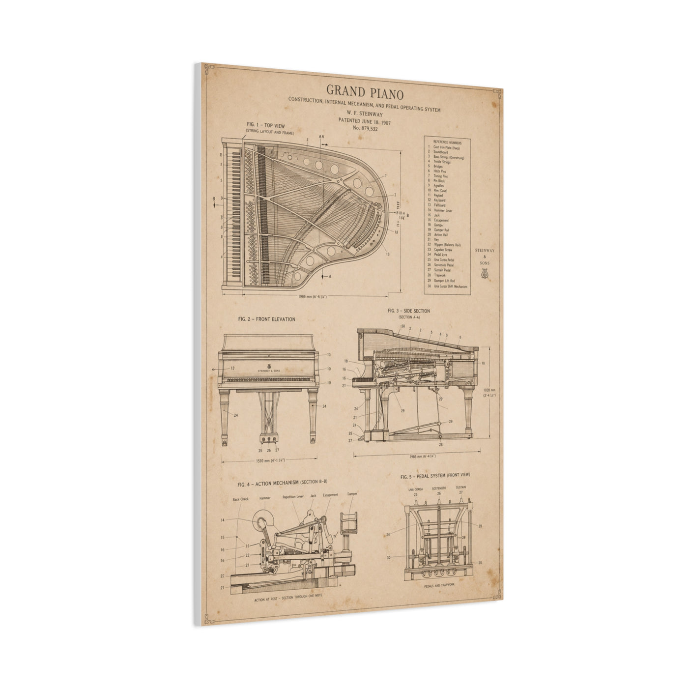 Steinway Grand Piano Technical Diagram Wall Art & Canvas Print