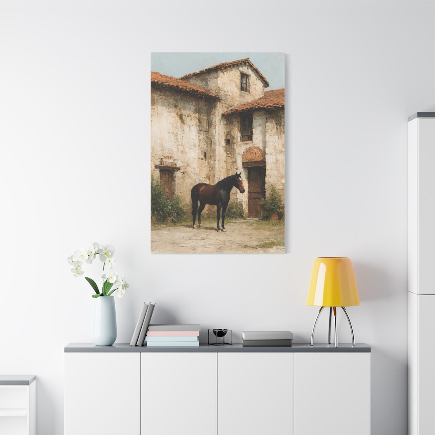 Rustic Courtyard Horse Scene Wall Art & Canvas Print