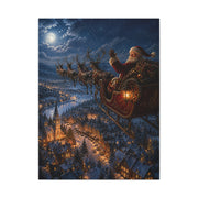 Santa Sleigh Flight Over Snowy Village Wall Art & Canvas Print