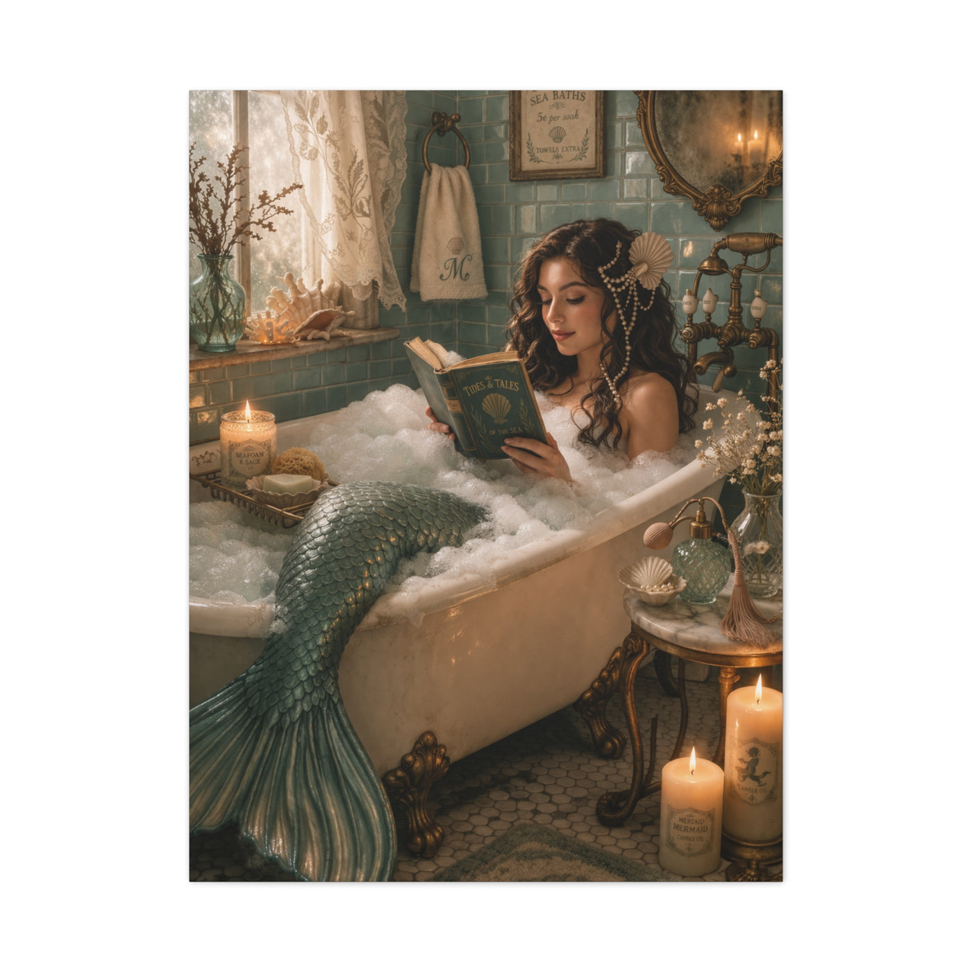 Vintage Bath Mermaid Reading Wall Art & Canvas Print