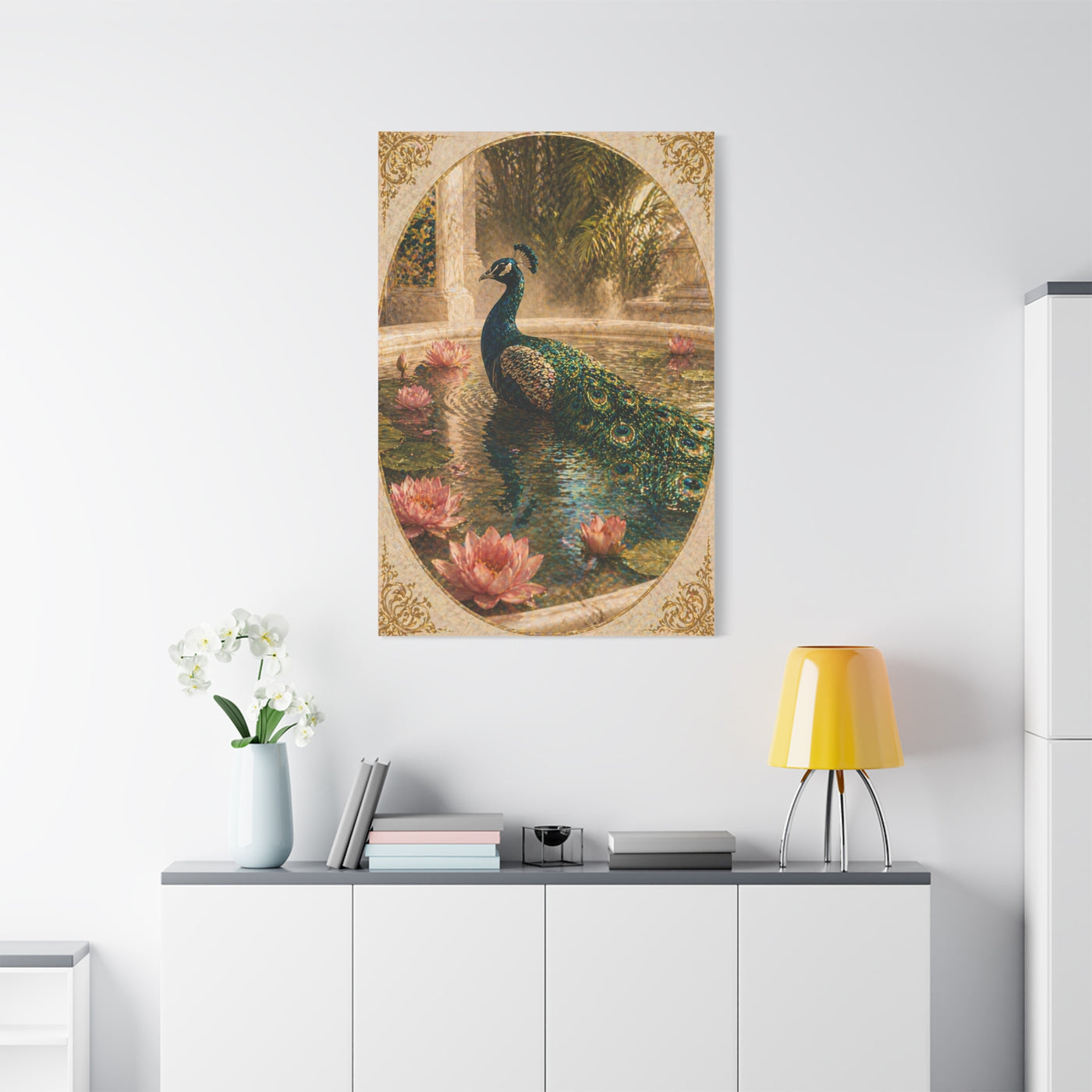 Lotus Pool Peacock Reflection Wall Art & Canvas Print