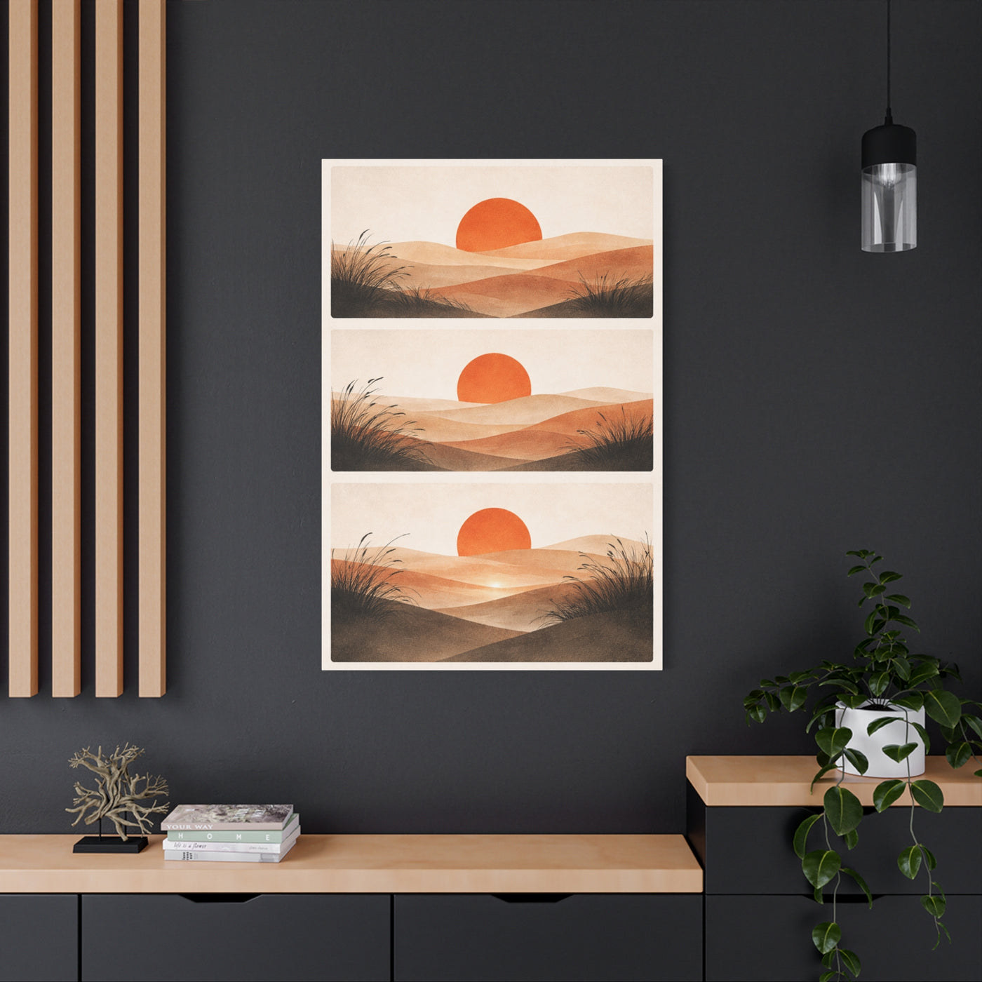 Japandi Orange Sun Triptych Landscape Wall Art & Canvas Print