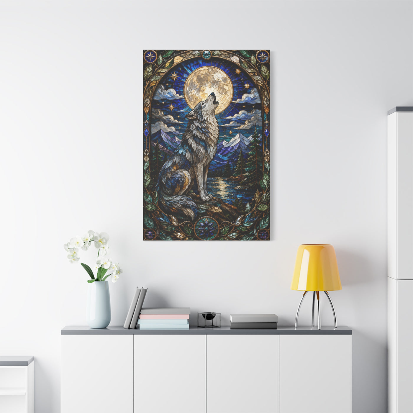 Stained Glass Moonlit Wolf Landscape Wall Art & Canvas Print
