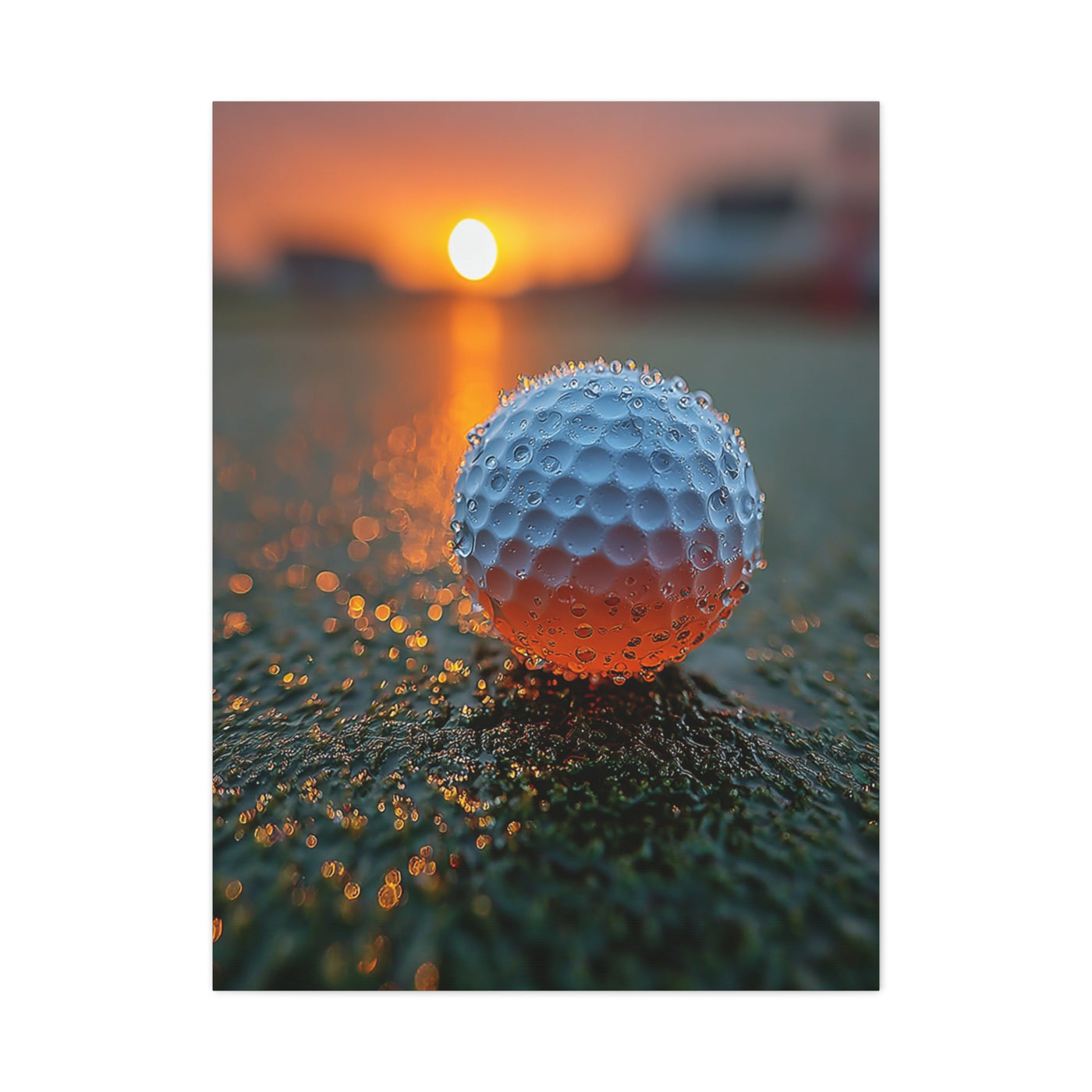 Dew-Covered Golf Ball Sunrise Macro Wall Art & Canvas Print