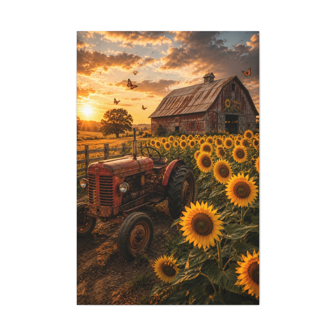 Rustic Farmhouse Sunflower Field Tractor Wall Art & Canvas Print