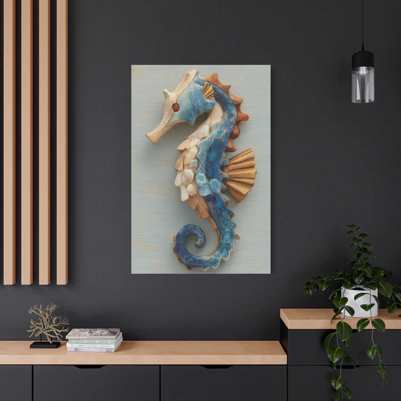 Driftwood Seahorse Coastal Sculpture Wall Art & Canvas Print