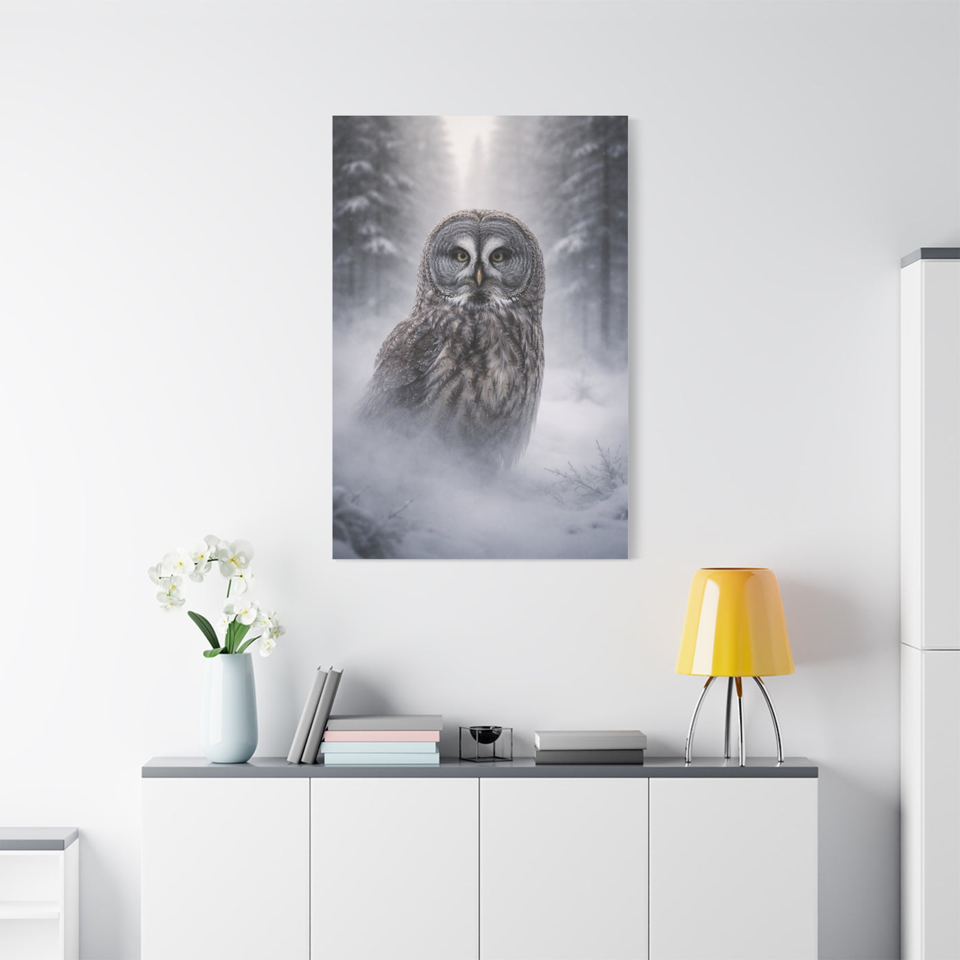 Great Grey Owl Winter Mist Portrait Wall Art & Canvas Print