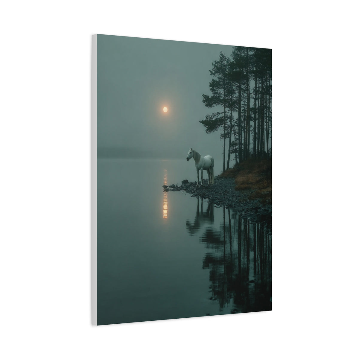 Gray Horse Moonlit Lake Wall Art & Canvas Print