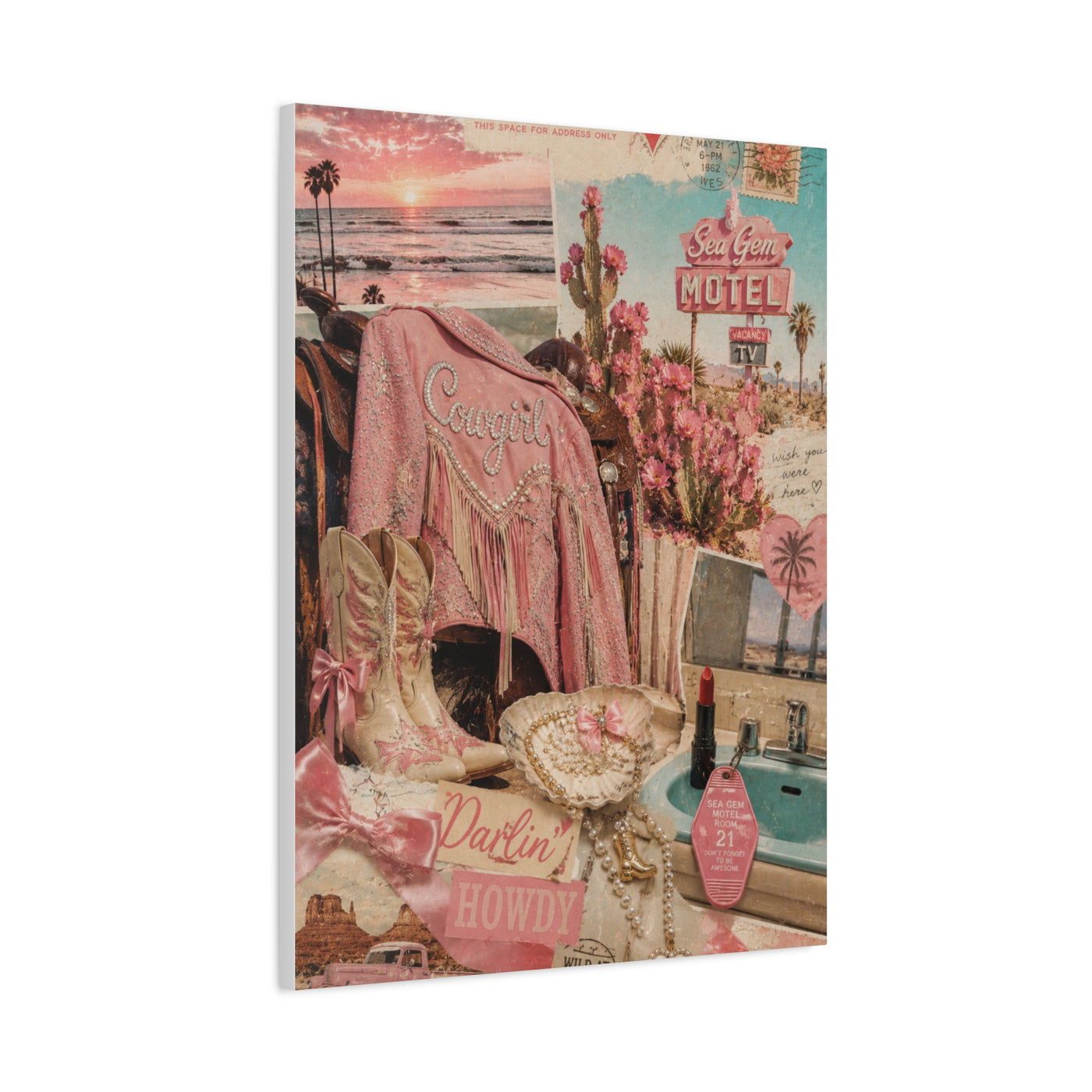 Coquette Cowgirl Desert Postcard Collage Wall Art & Canvas Print