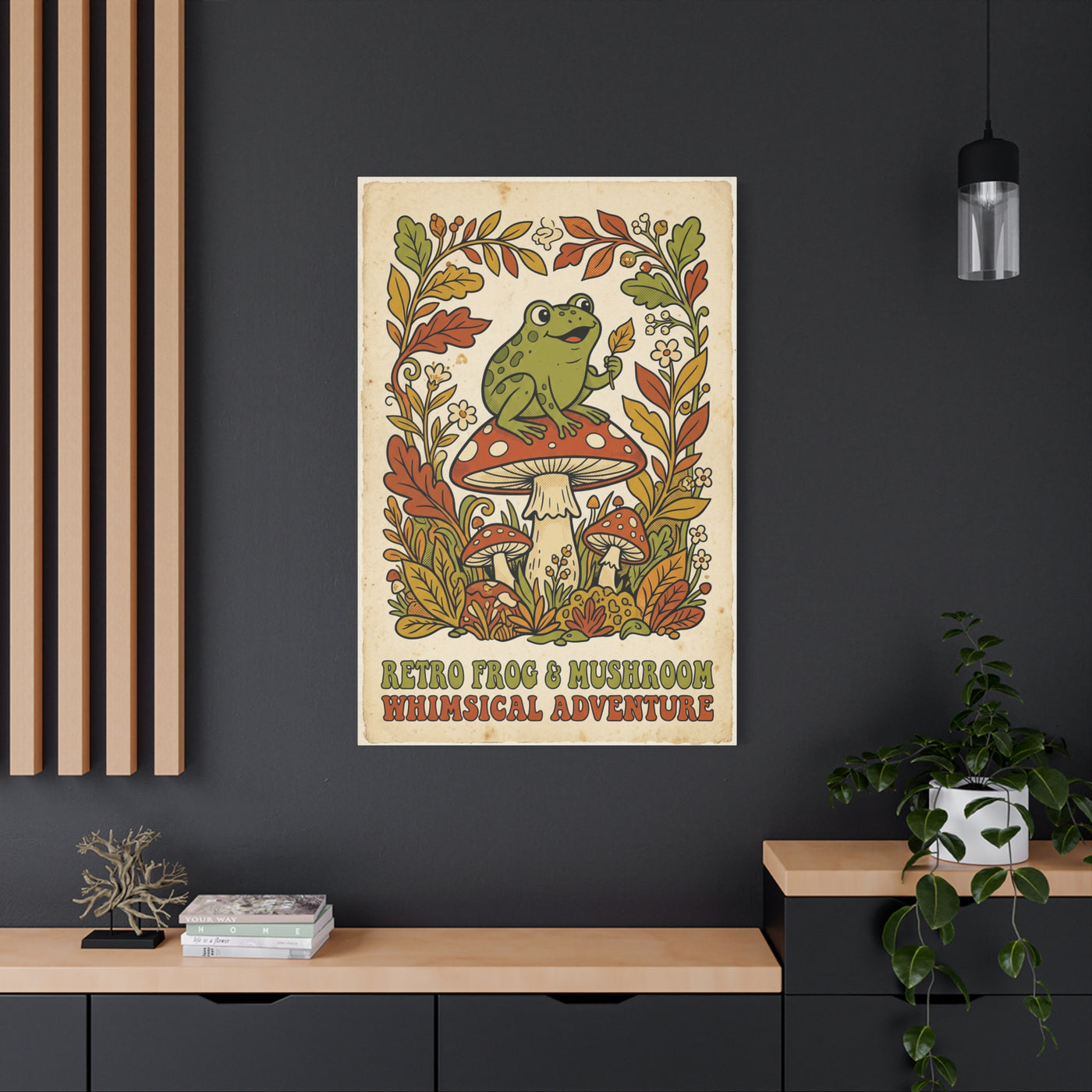 Whimsical Retro Frog and Mushroom Poster Wall Art & Canvas Print