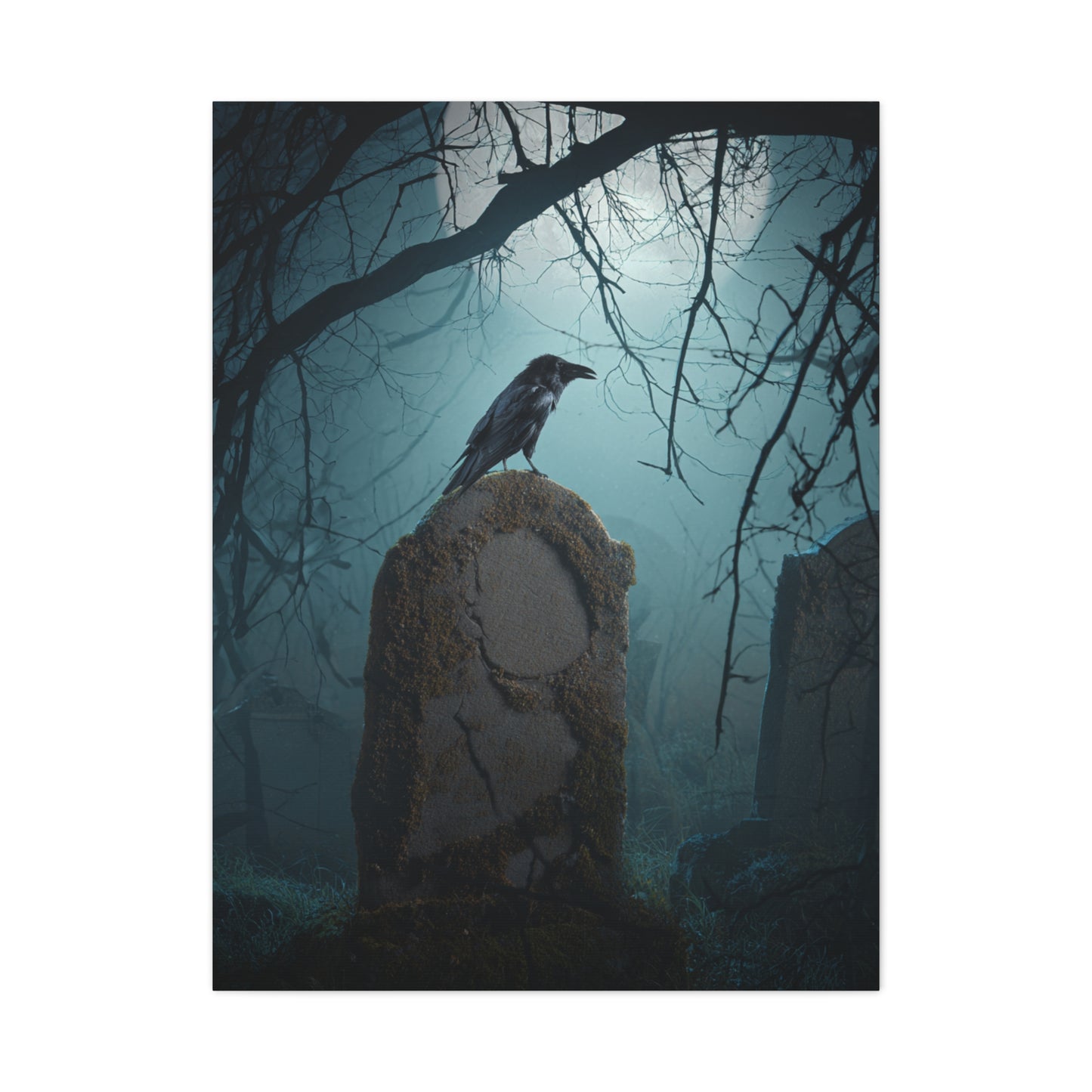 Raven on Ancient Gravestone Wall Art & Canvas Print