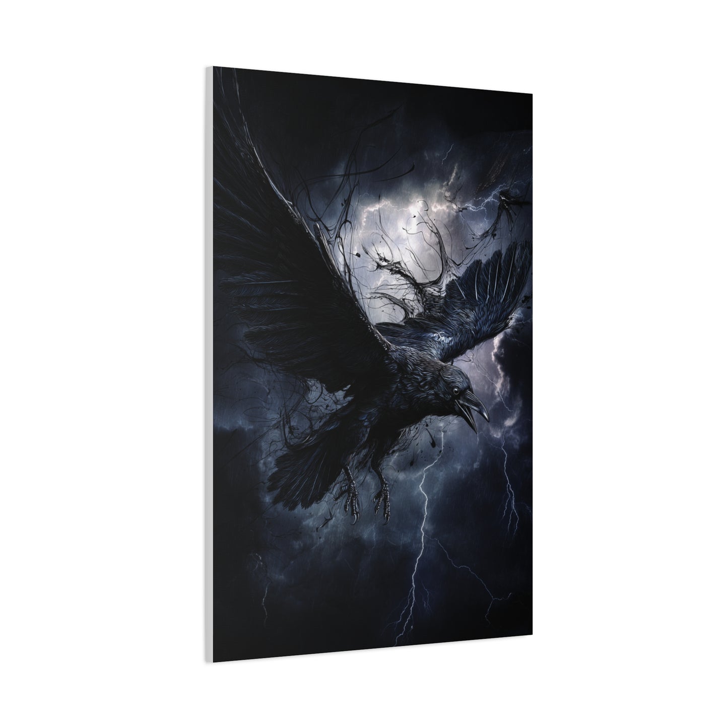 Raven Flying Through Storm Lightning Wall Art & Canvas Print