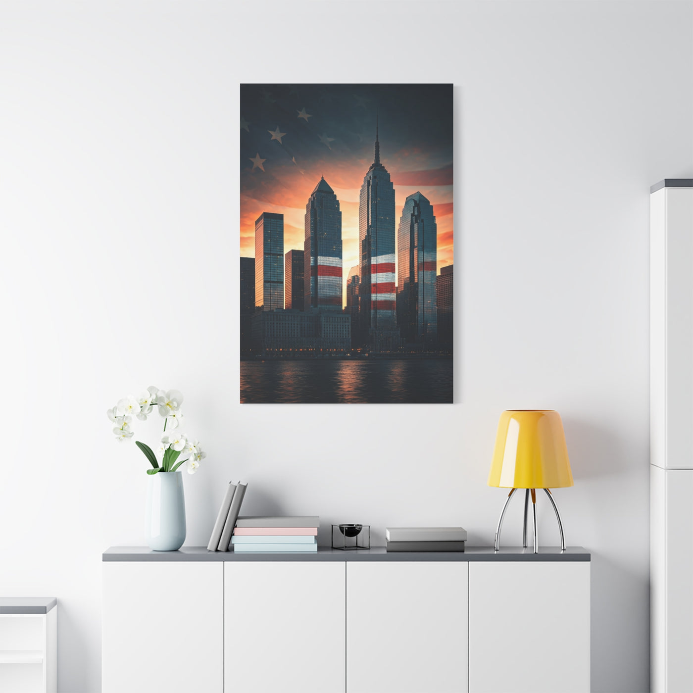 Urban Skyline Patriot Flag Reflection Wall Art & Canvas Prints