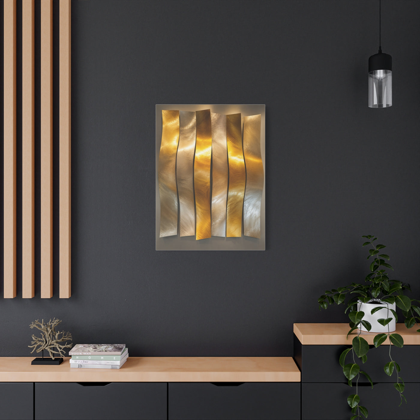 Polished Gold Panel Sculptural Wave Installation Wall Art & Canvas Print