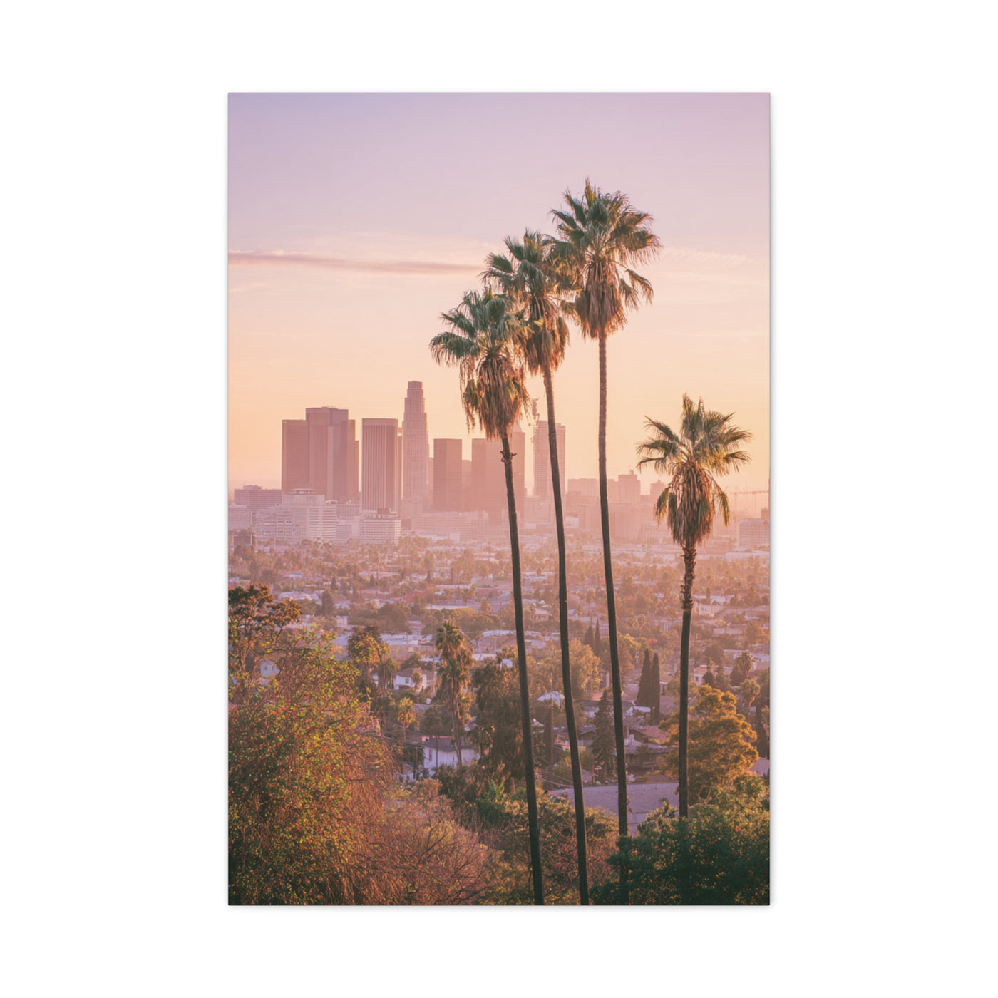 Los Angeles Sunset Skyline with Palm Trees Wall Art & Canvas Print