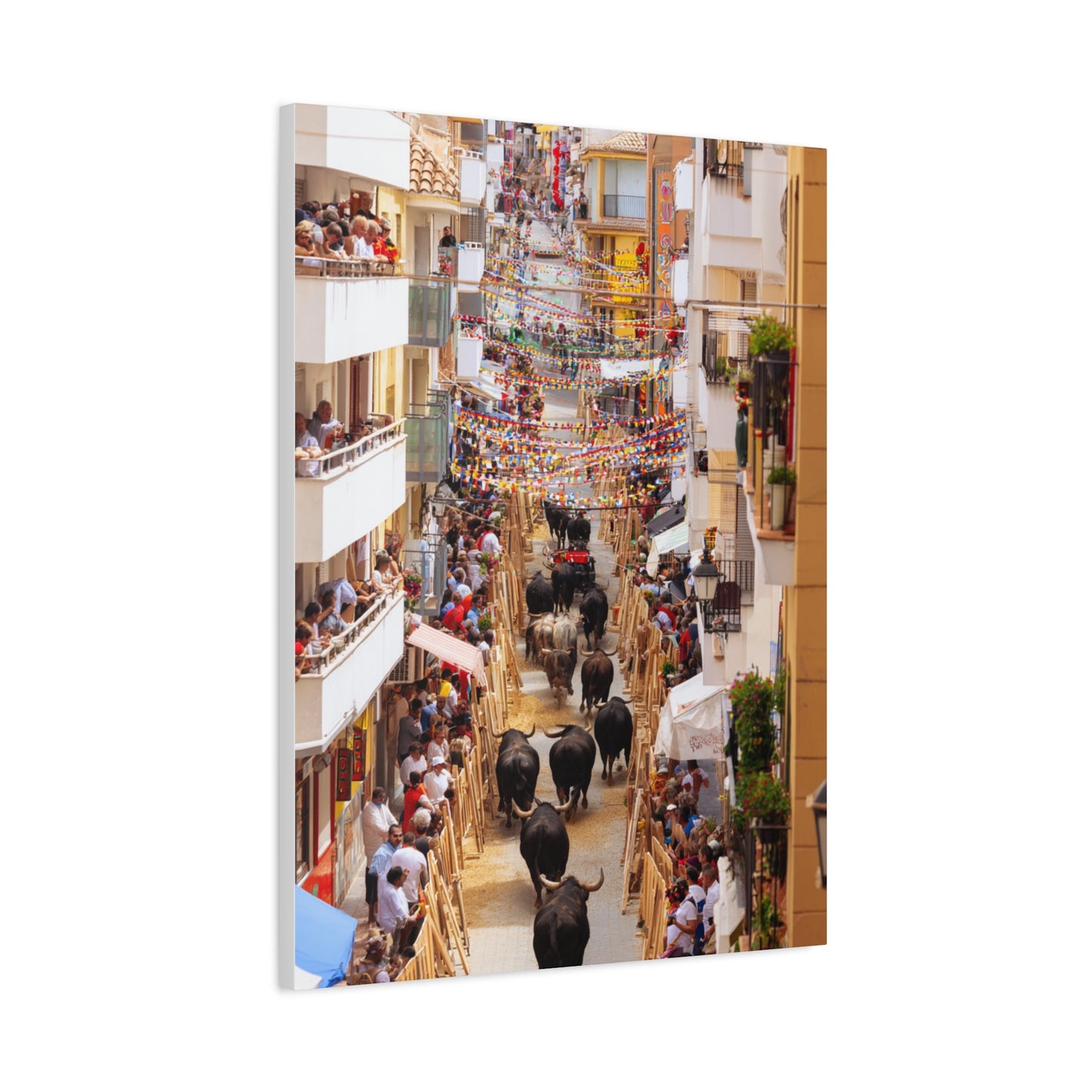 Spanish Village Bull Festival Street Scene Wall Art & Canvas Print