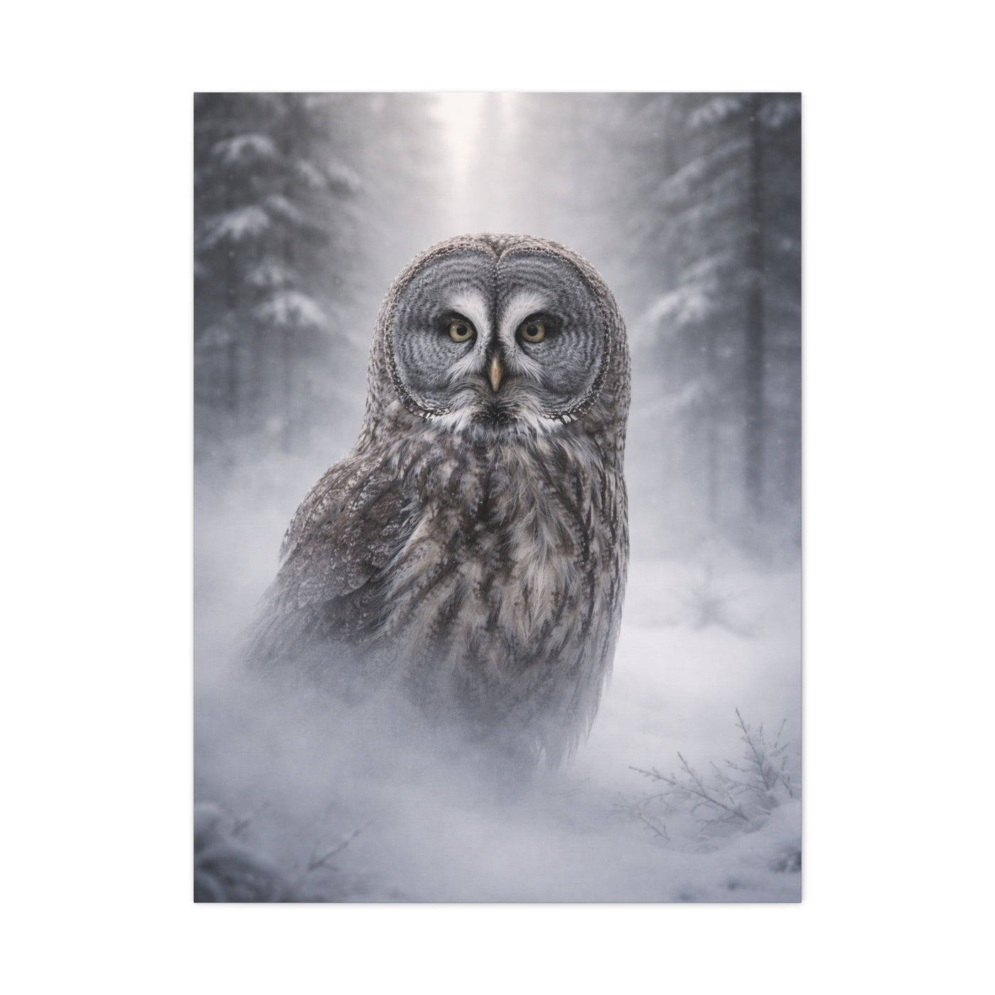 Great Grey Owl Winter Mist Portrait Wall Art & Canvas Print