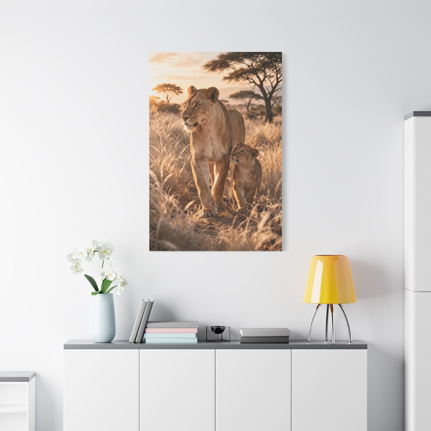 Lioness and Cub Golden Walk Wall Art & Canvas Print