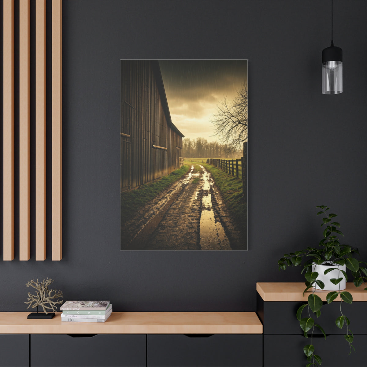 Rain-Soaked Farm Road Beside the Barn Wall Art & Canvas Prints