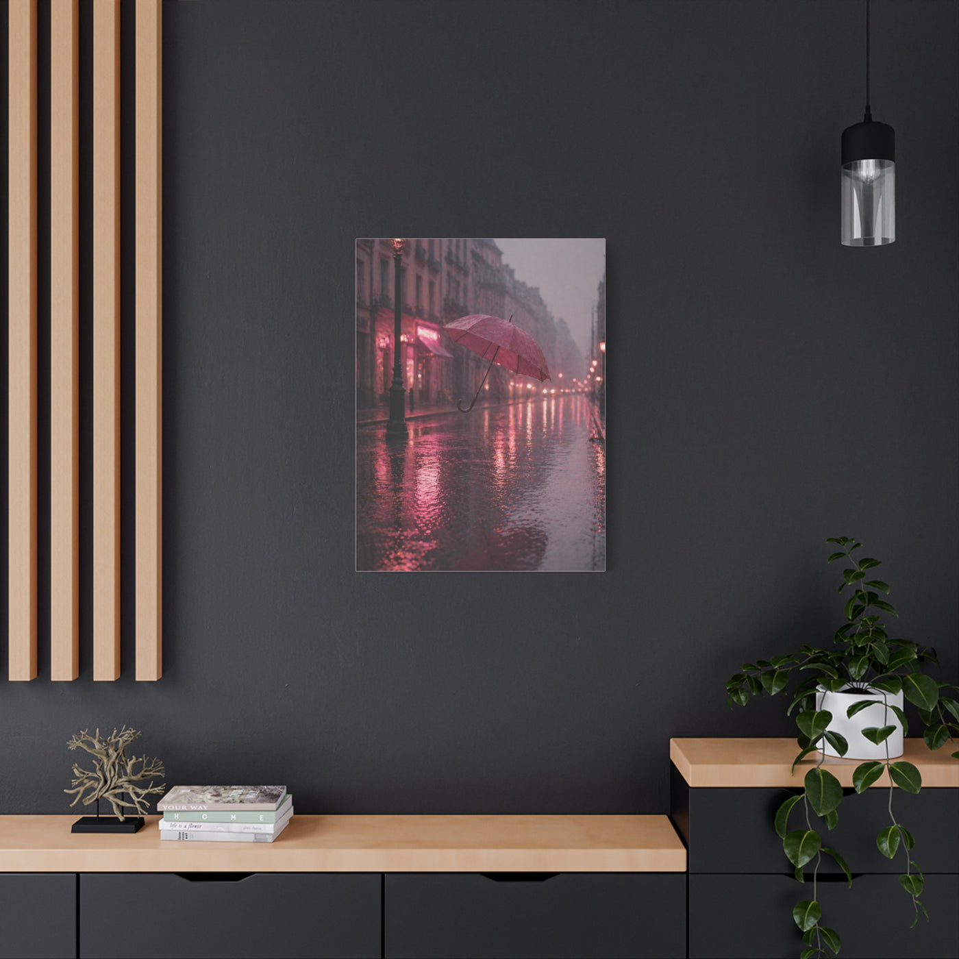Dreamy Pink Umbrella Rain Scene Wall Art & Canvas Print