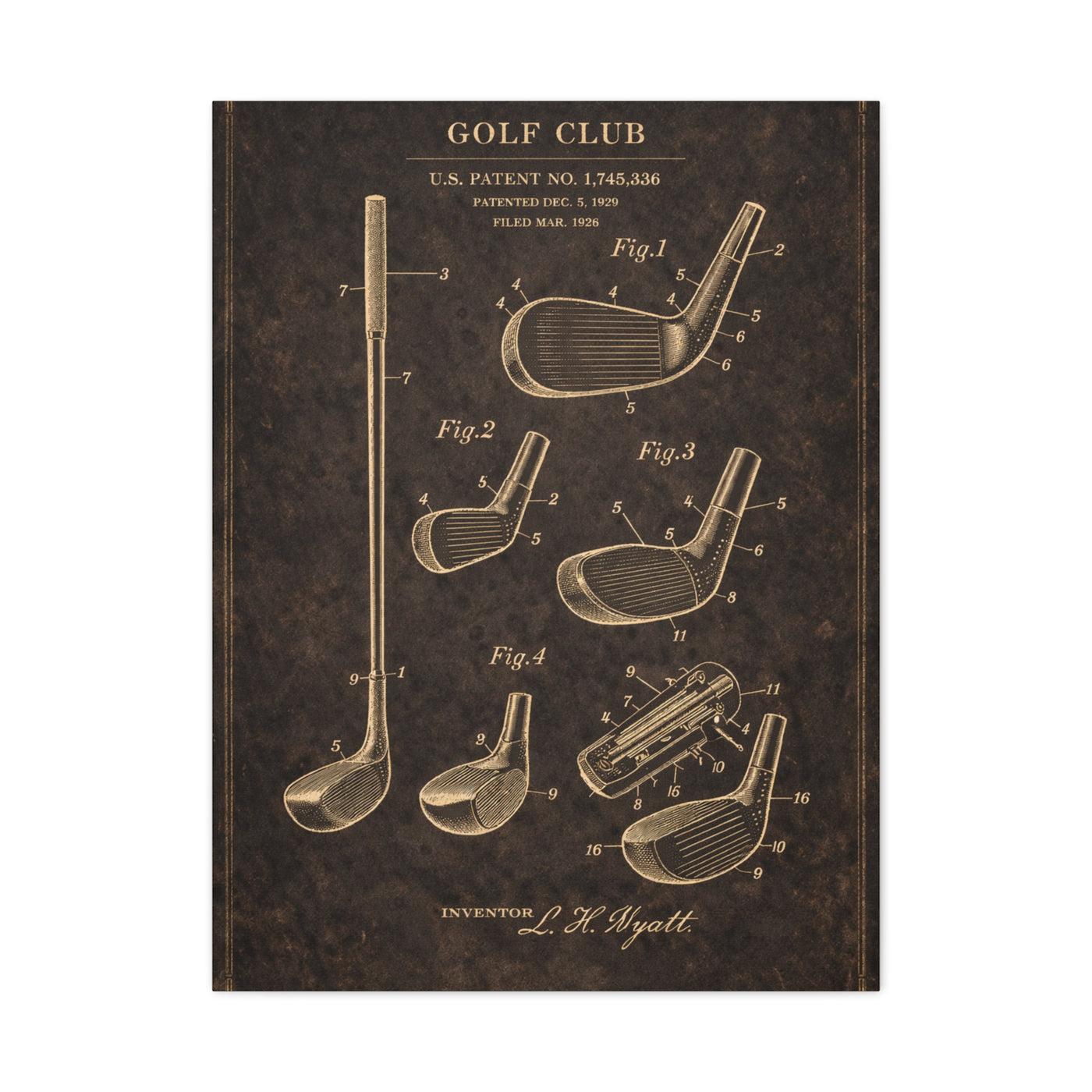 Antique Golf Club Patent Diagram Wall Art & Canvas Print