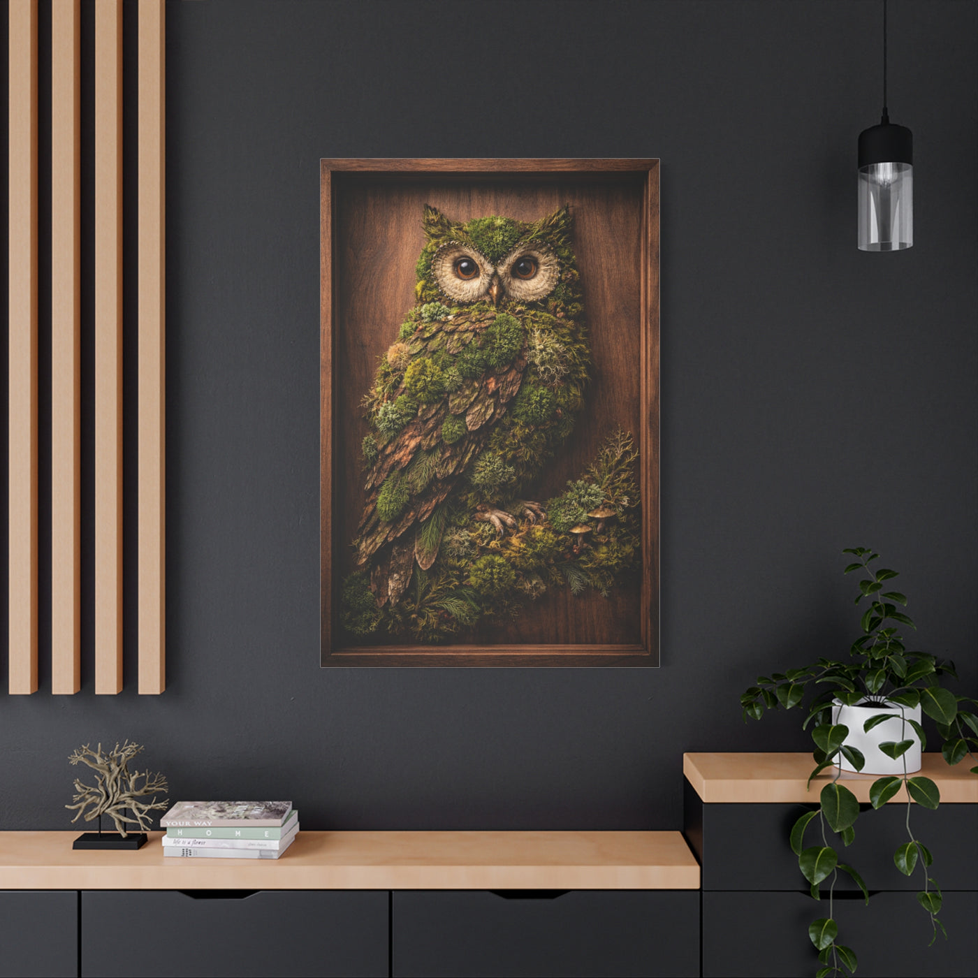 Biophilic Moss Owl Shadowbox Wall Art & Canvas Print