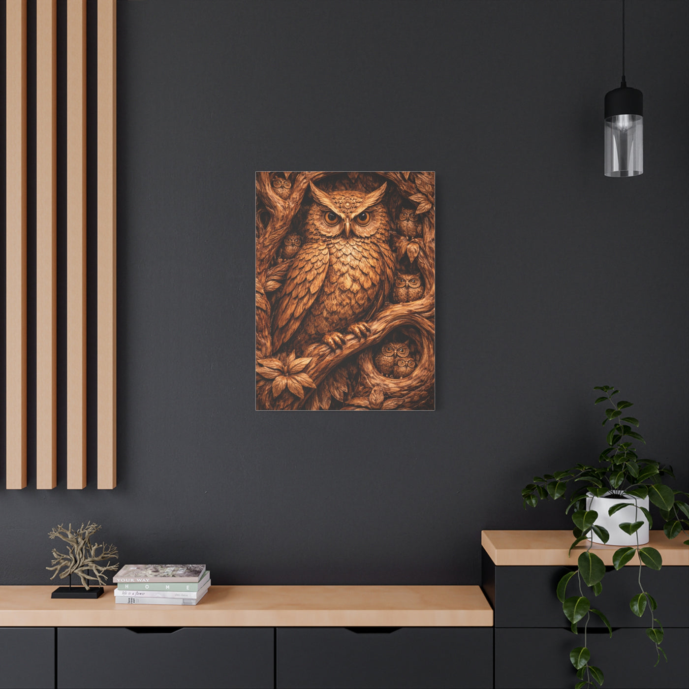 Hand-Carved Owl Family Wood Relief Wall Art & Canvas Print