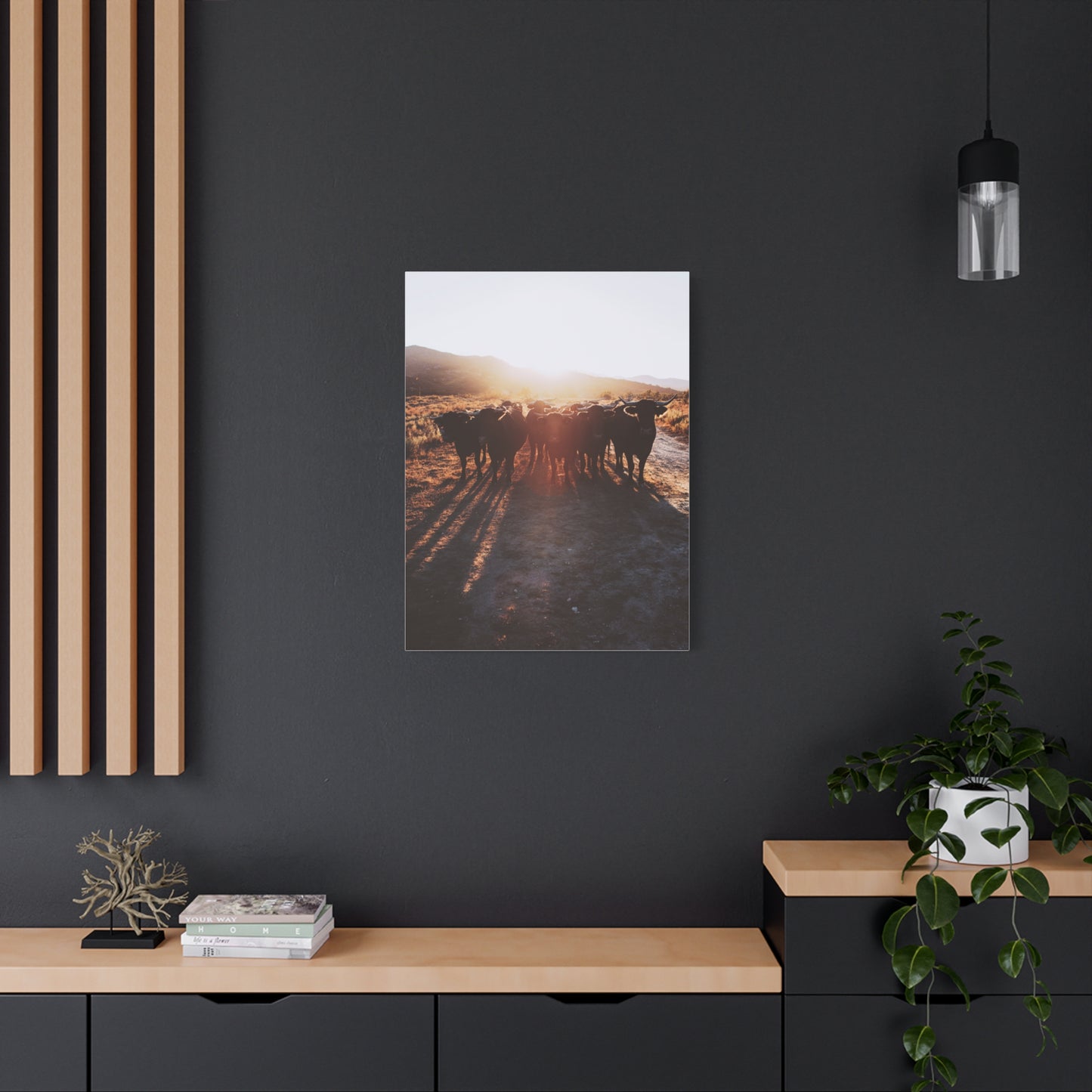 Sunset Bull Herd Silhouette Wall Art & Canvas Print