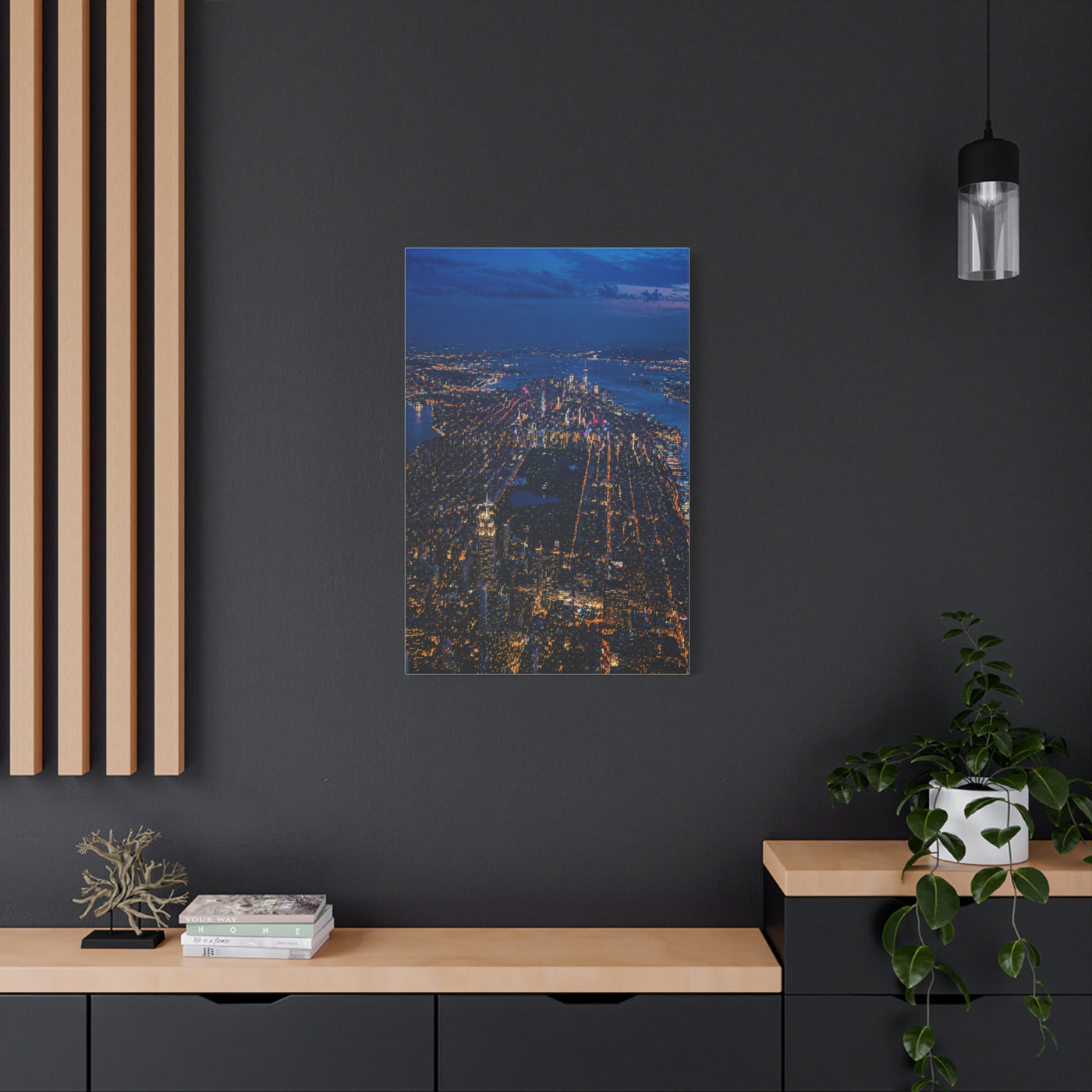 Aerial Manhattan Night Grid Wall Art & Canvas Print