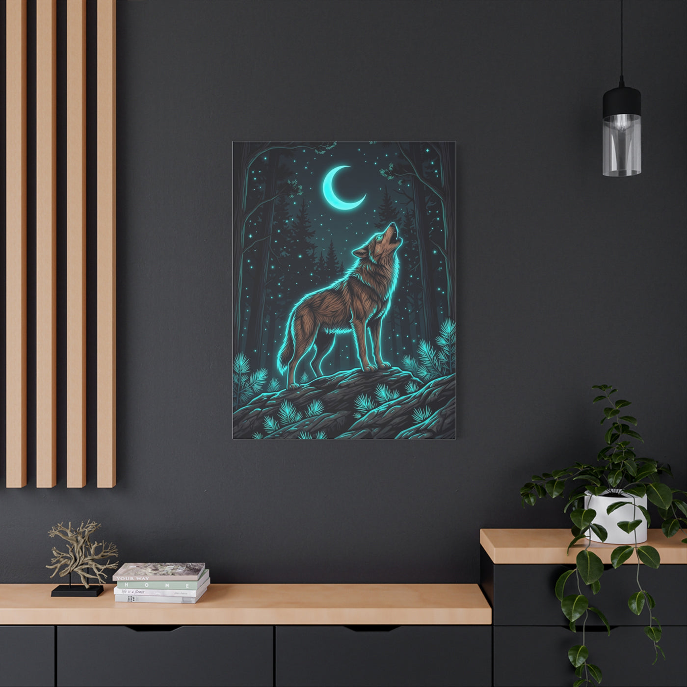 Moonlit Forest Wolf Neon Outline Scene Wall Art & Canvas Print