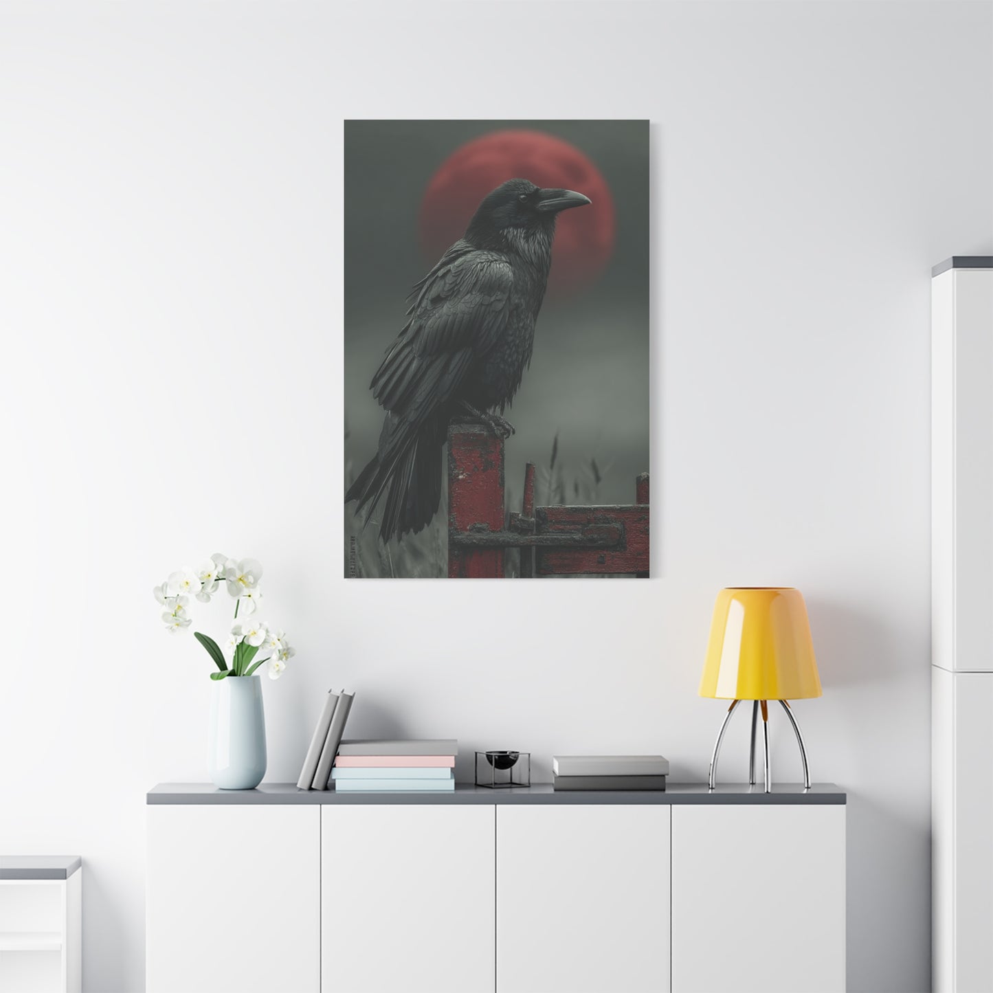 Raven Beneath the Crimson Moon Wall Art & Canvas Print