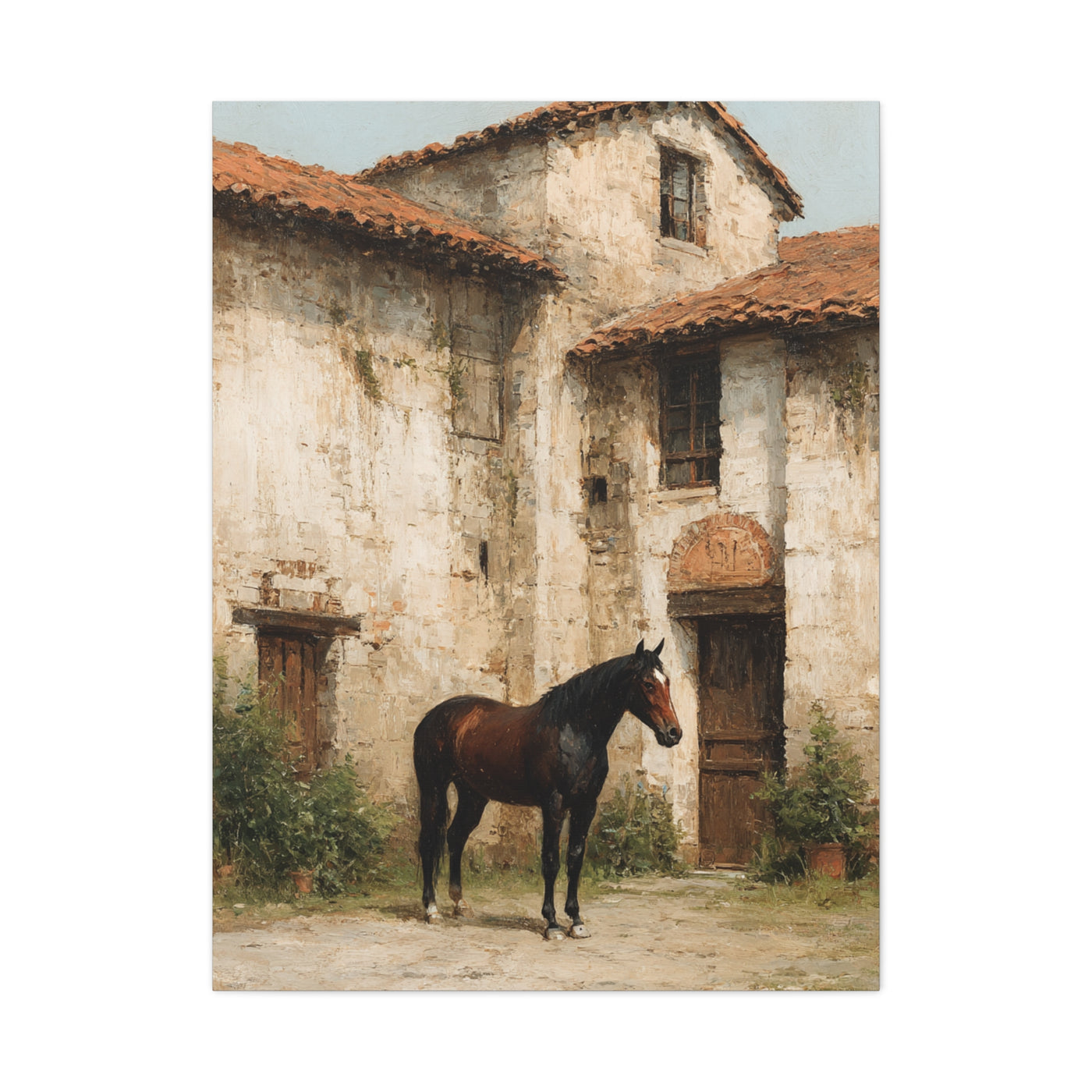 Rustic Courtyard Horse Scene Wall Art & Canvas Print