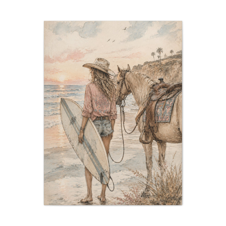 Surf Cowgirl Beach Horizon Scene Wall Art & Canvas Print