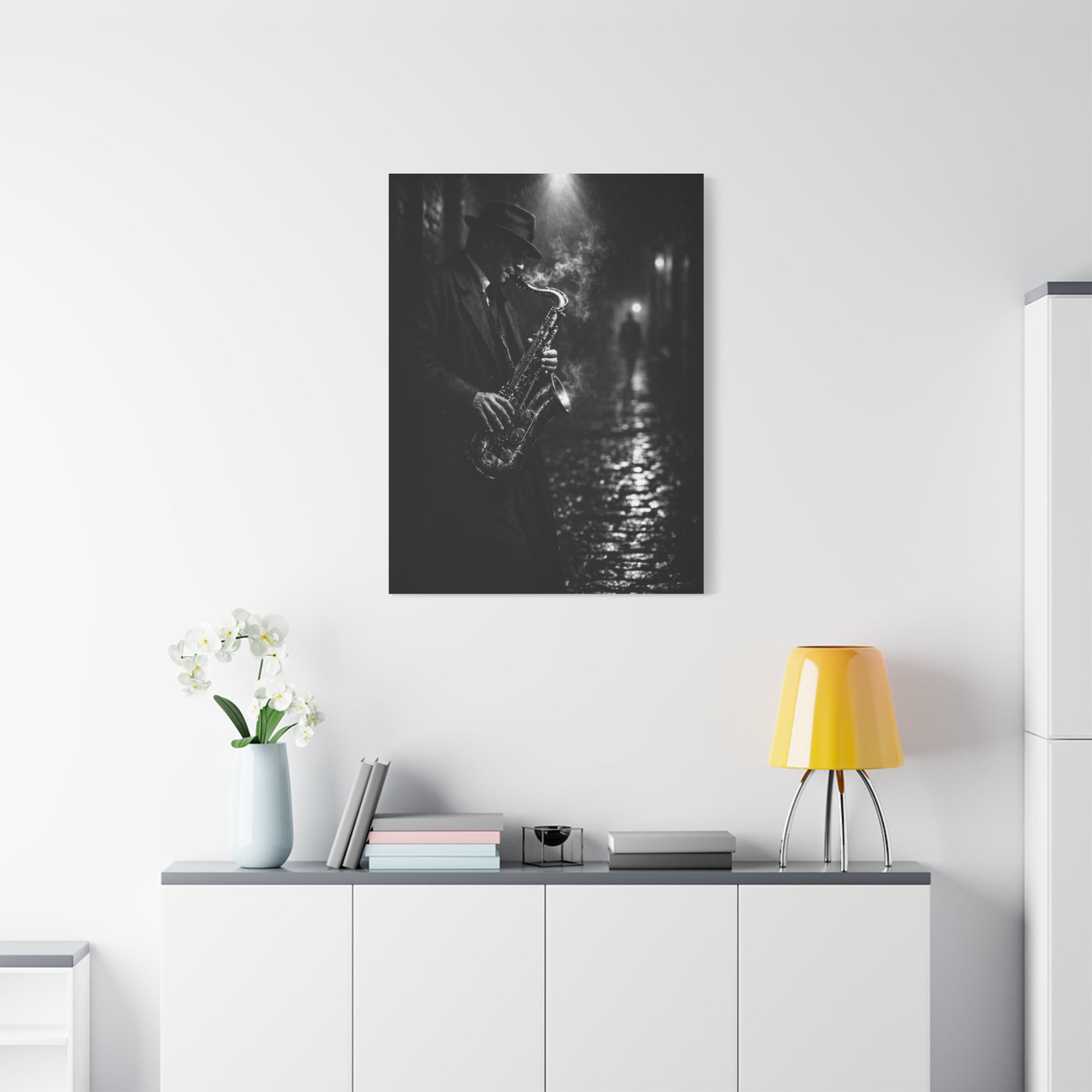 Noir Jazz Saxophone Alley Wall Art & Canvas Print