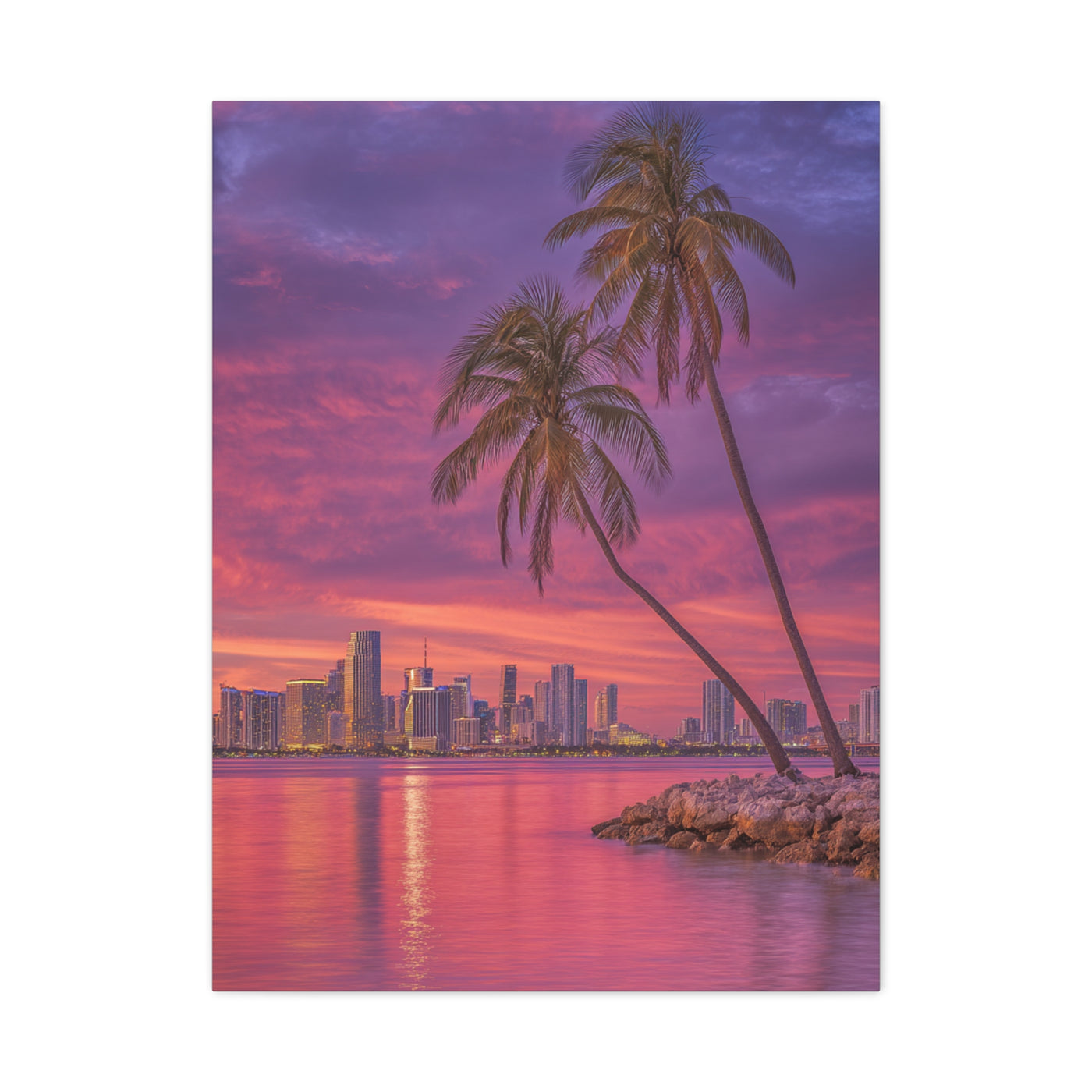Miami Skyline Tropical Sunset With Palm Trees Wall Art & Canvas Print