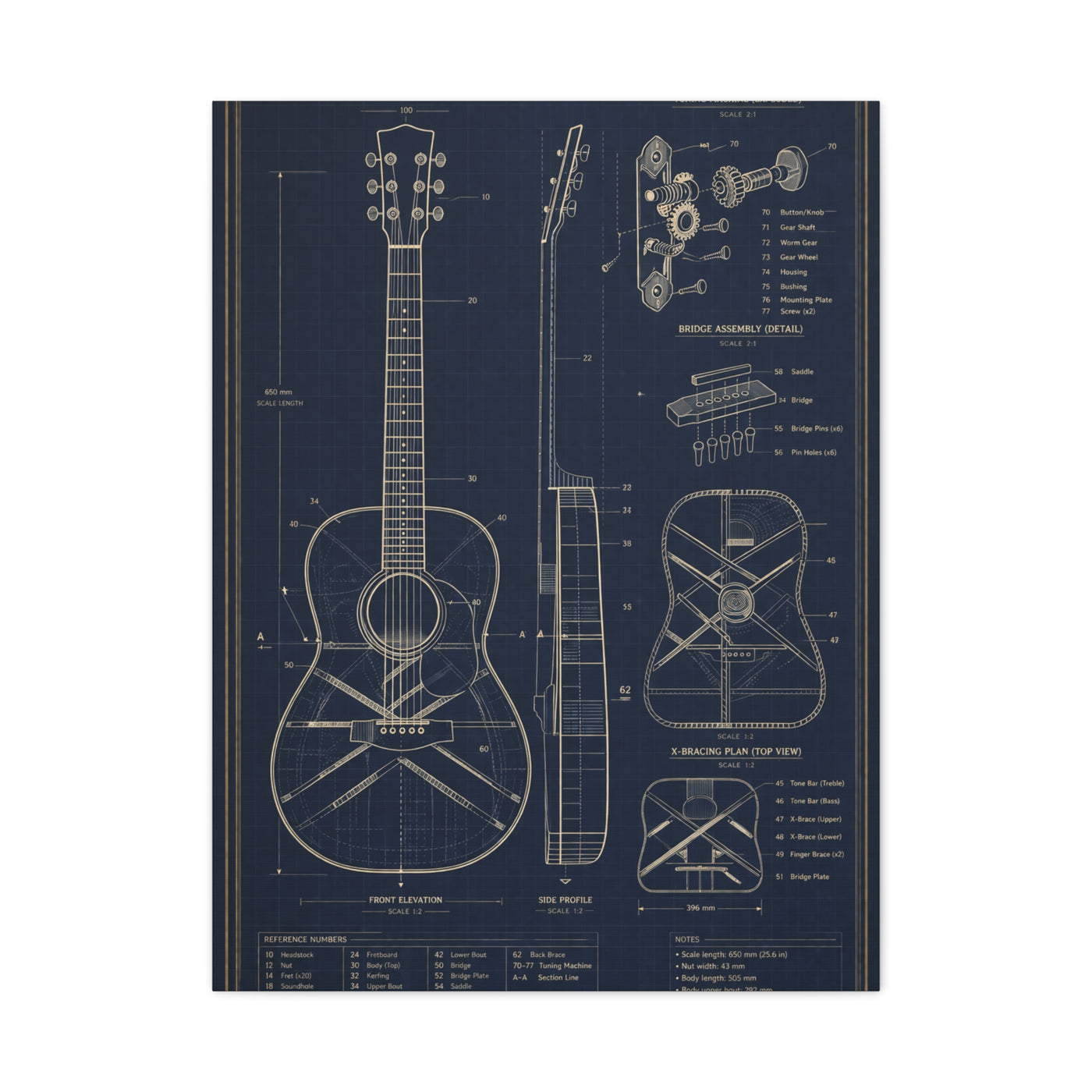 Acoustic Guitar Technical Blueprint Wall Art & Canvas Print